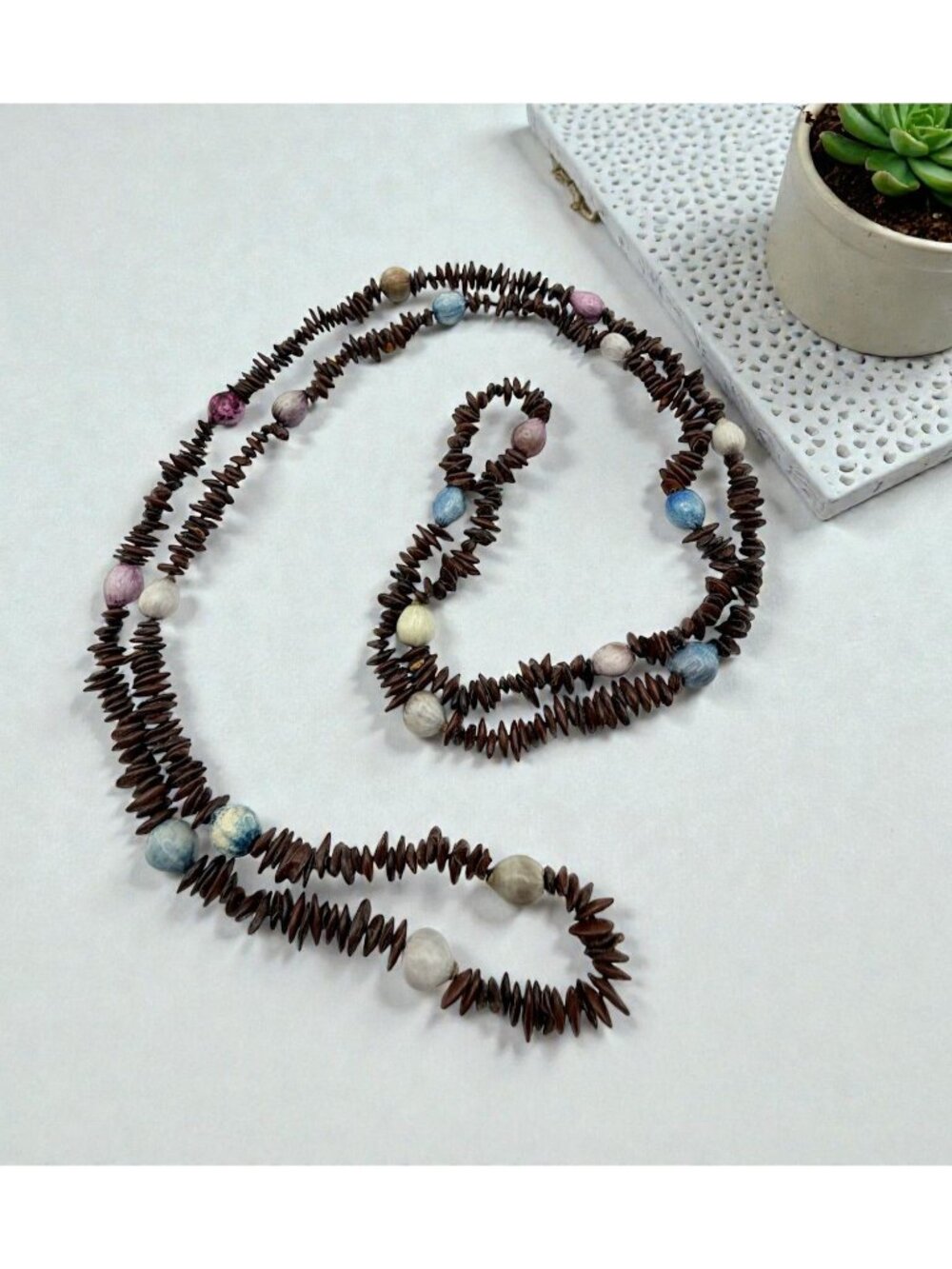 Natural Seed Bead Necklace Long Brown Hawaiian Island Tribal Boho Vintage